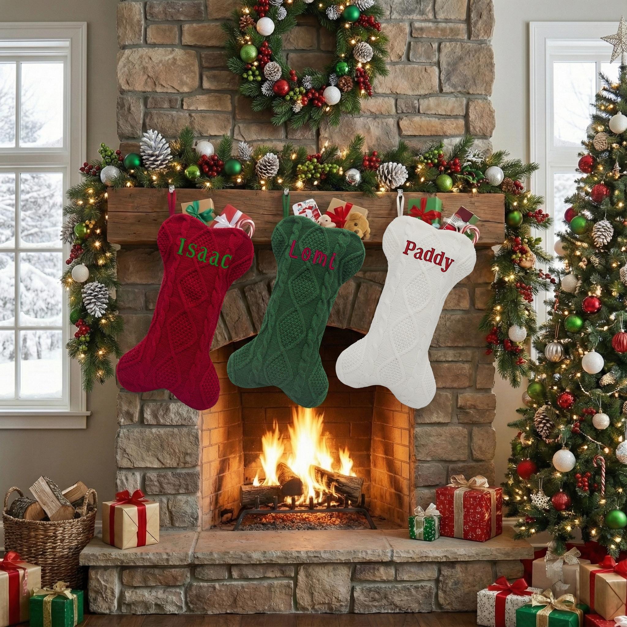 Pet Dog . Knitted Bone Shaped Embroidered Christmas Stocking