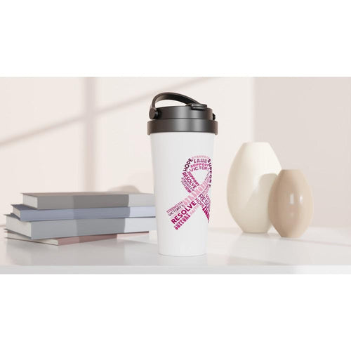 Breast Cancer Ribbon Support White 15oz Stainless Steel Travel Mug