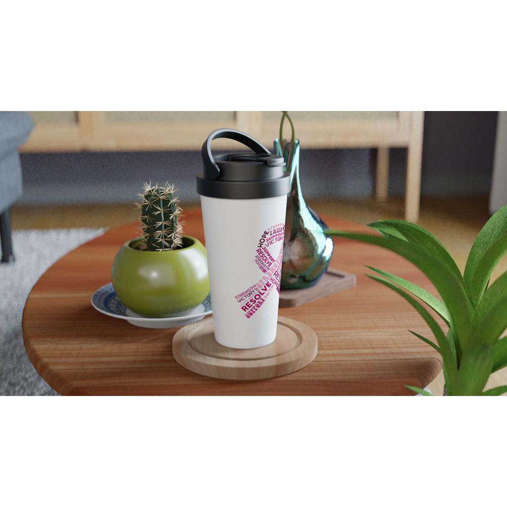 Breast Cancer Ribbon Support White 15oz Stainless Steel Travel Mug