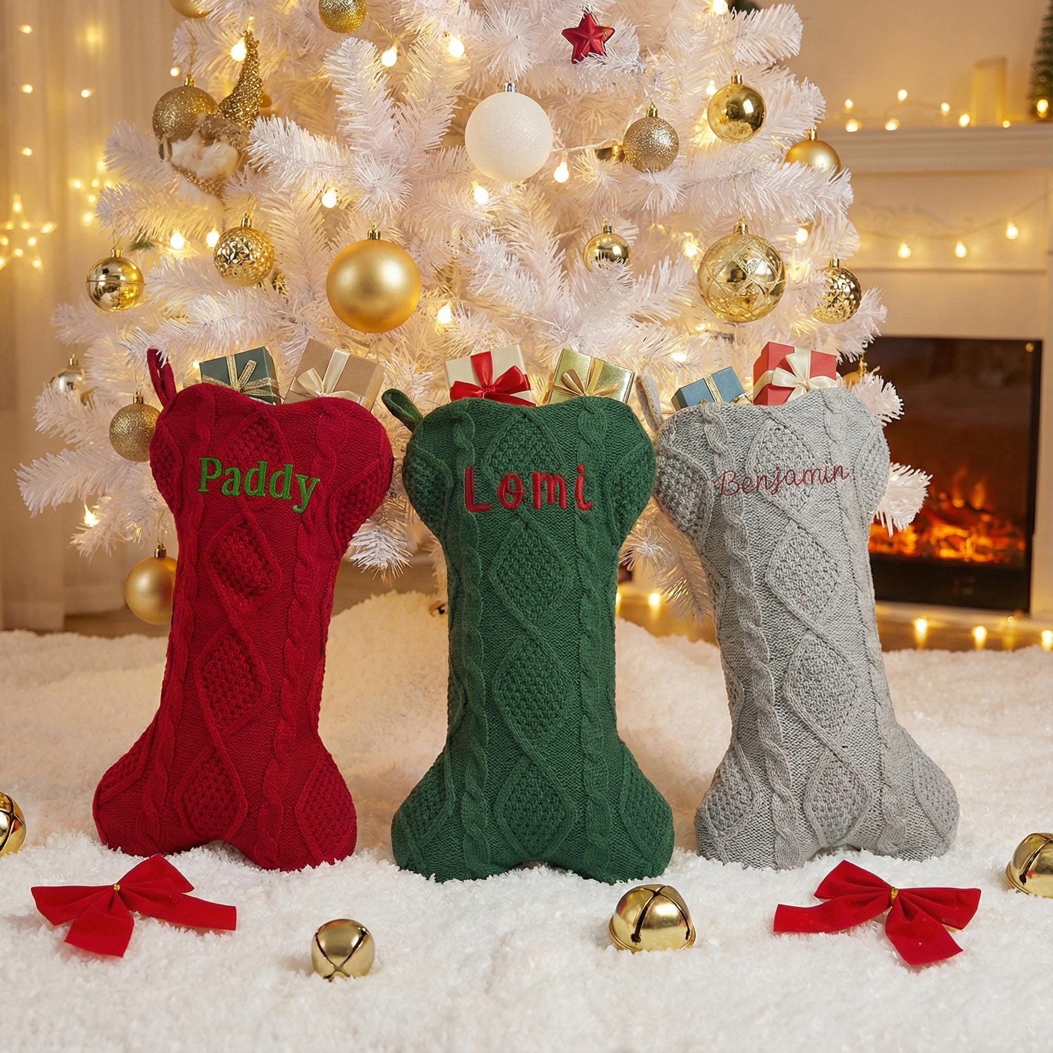 Pet Dog . Knitted Bone Shaped Embroidered Christmas Stocking