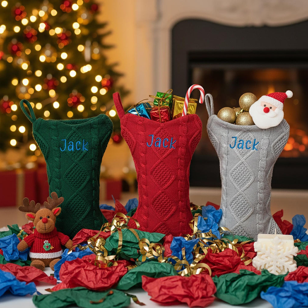Pet Dog . Knitted Bone Shaped Embroidered Christmas Stocking