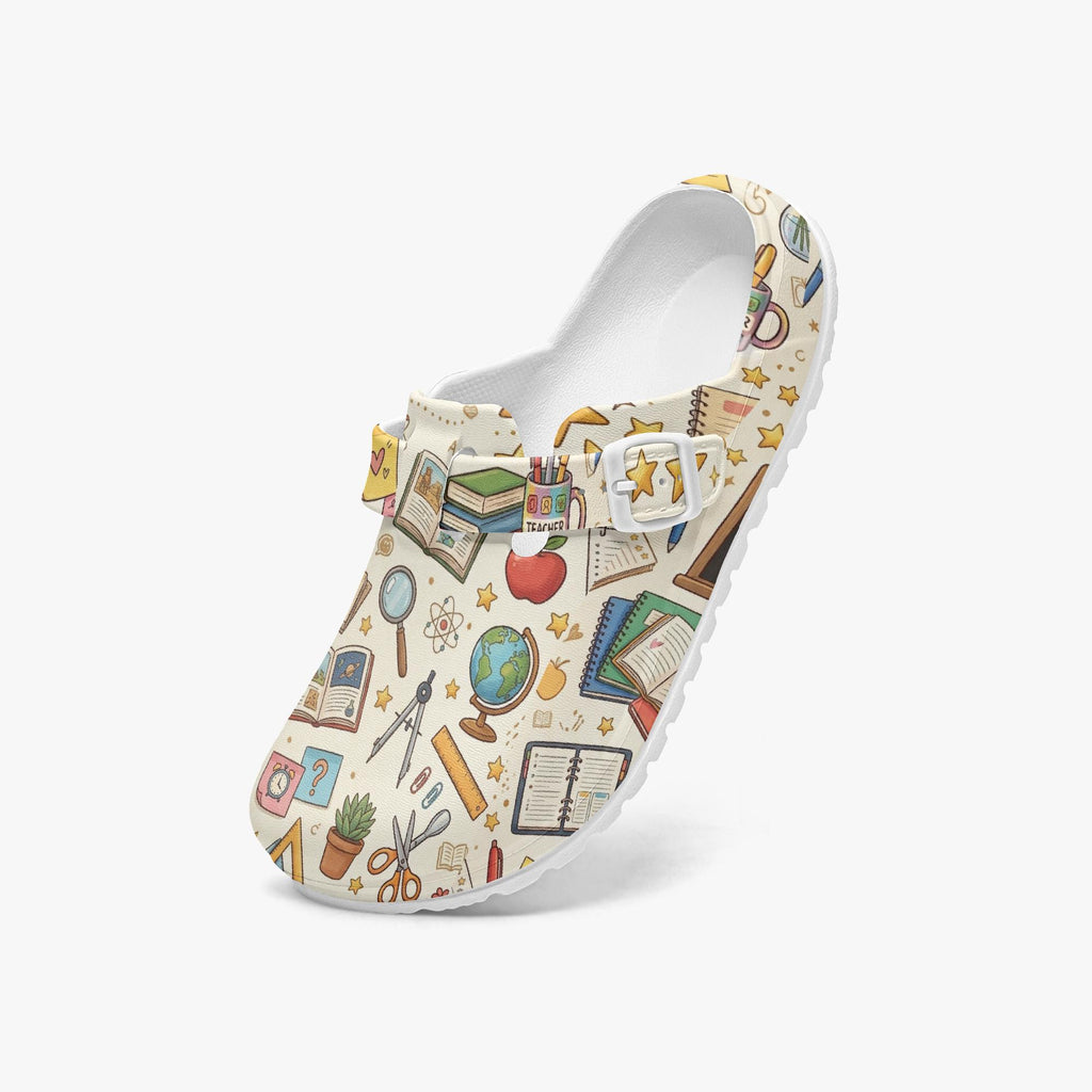 Retro Classroom Pattern Clogs | Teacher Appreciation Shoes with Stars, Books, & Globes