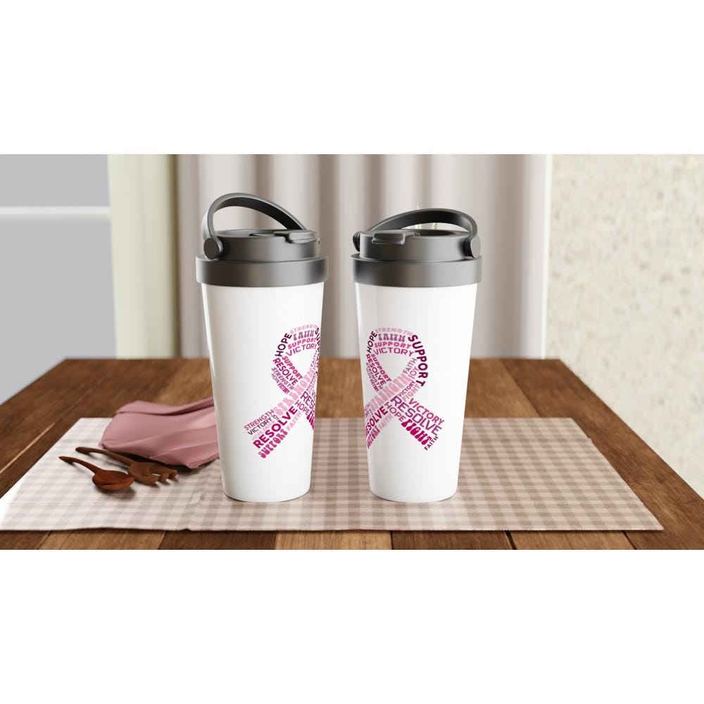 Breast Cancer Ribbon Support White 15oz Stainless Steel Travel Mug