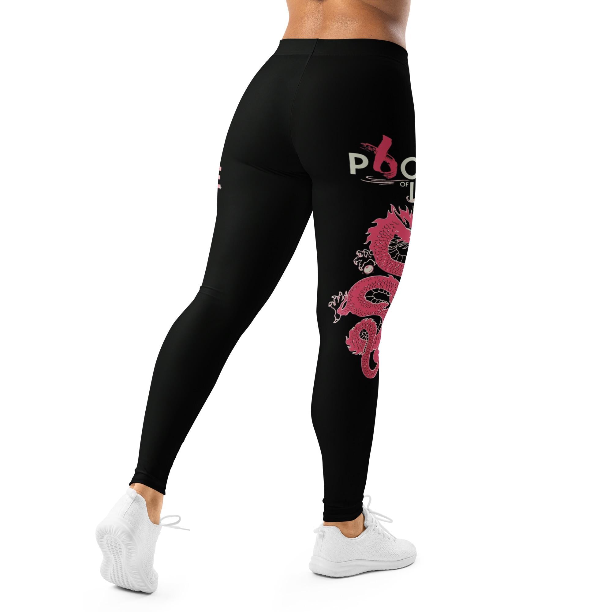 Black Dragon Print Athletic Leggings, Breast Cancer Awareness Ribbon