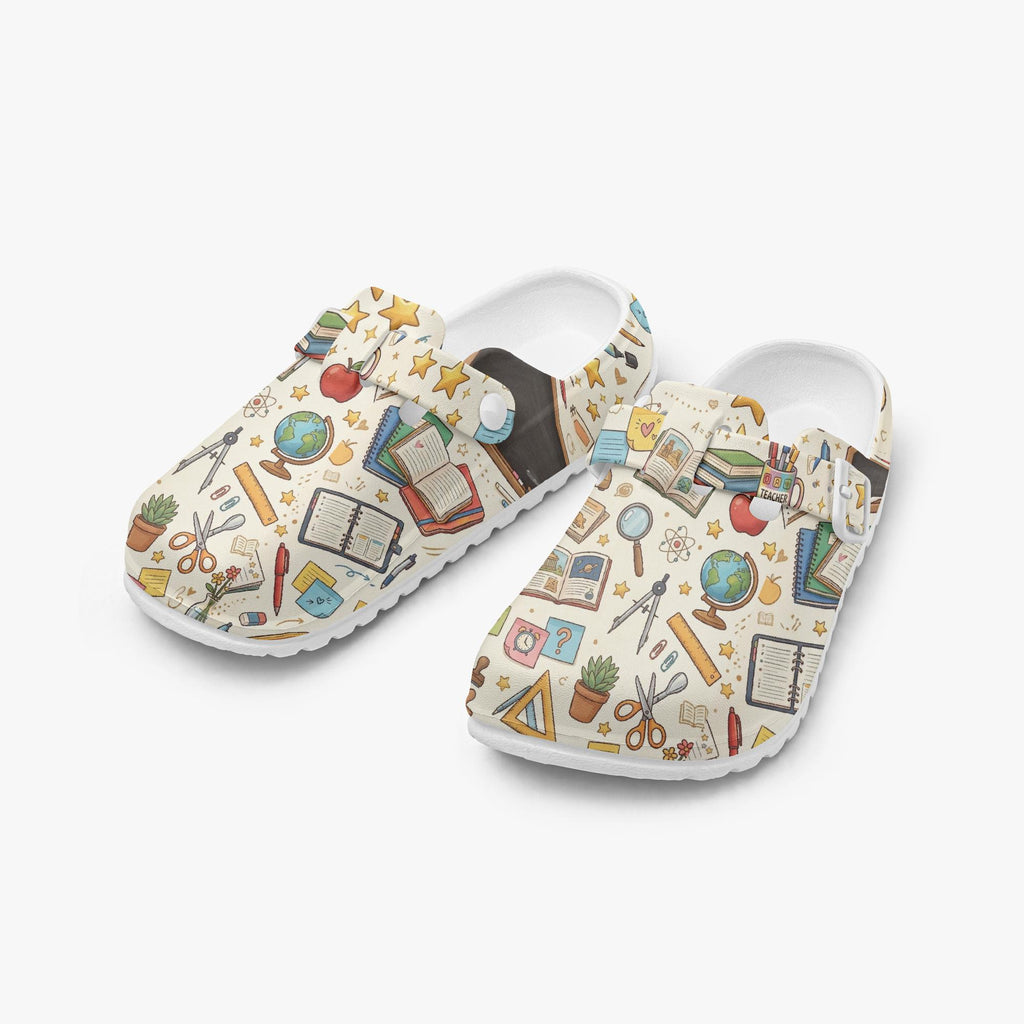Retro Classroom Pattern Clogs | Teacher Appreciation Shoes with Stars, Books, & Globes