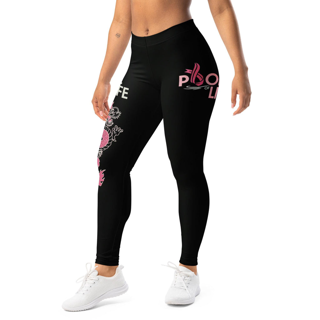 Black Dragon Print Athletic Leggings, Breast Cancer Awareness Ribbon
