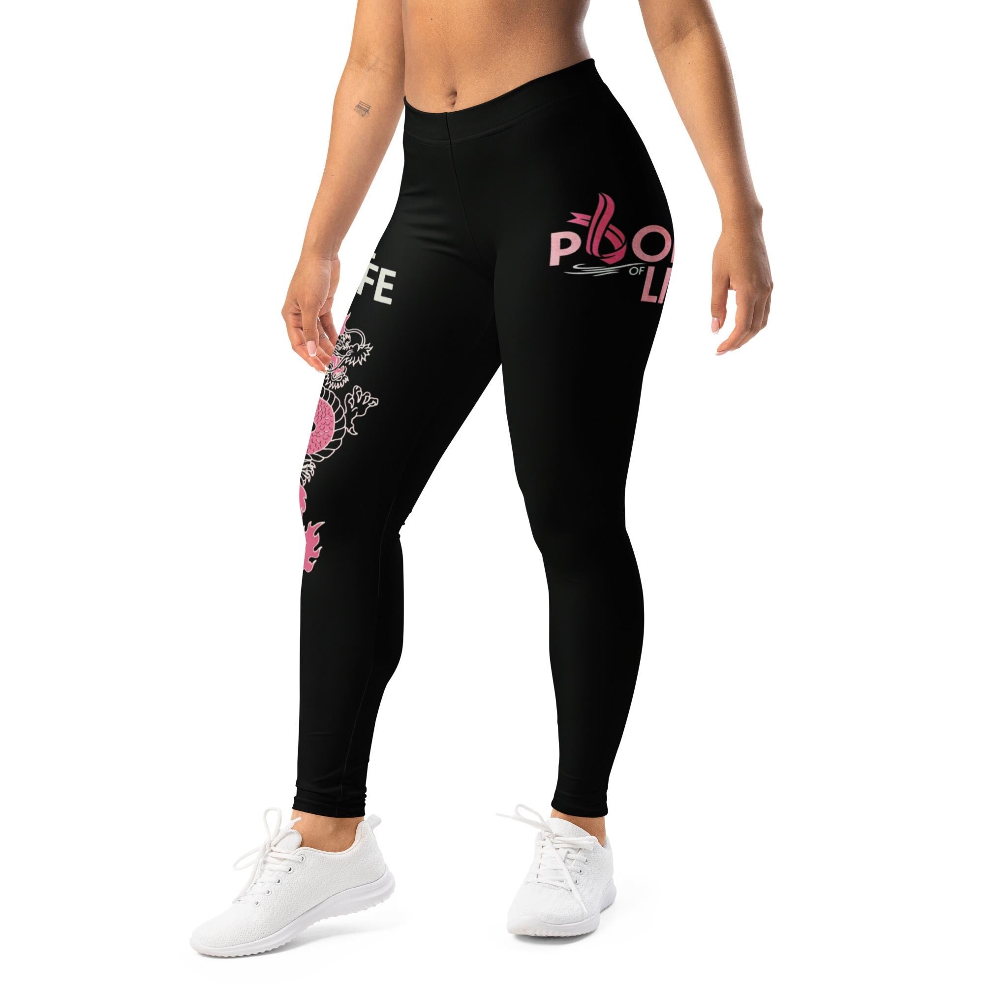 Black Dragon Print Athletic Leggings, Breast Cancer Awareness Ribbon